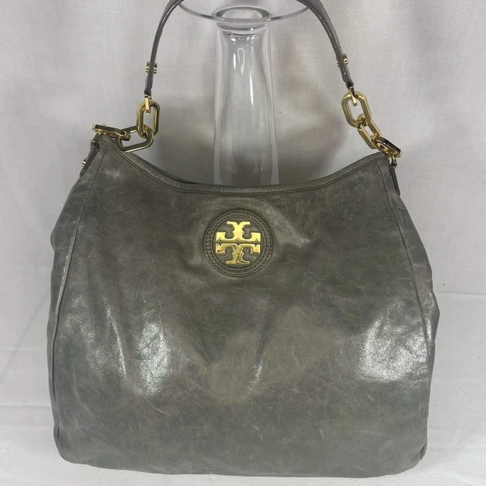 Tory Burch Grey & Metallic Leather Snap Shoulder Bag – Gold Hardware – Preowned